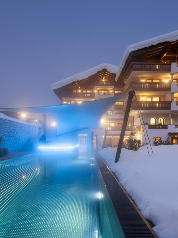 Beleuchteter Außenpool vor schneebedecktem Stubaierhof Hotel