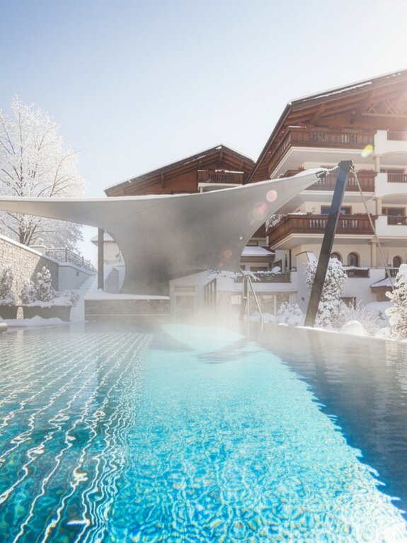 Dampfender Außenpool vor dem schneebedeckten Stubaierhof