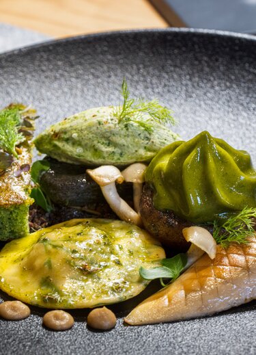 Vegetarisches Gericht mit grünen und gelben Elementen auf dunklem Teller