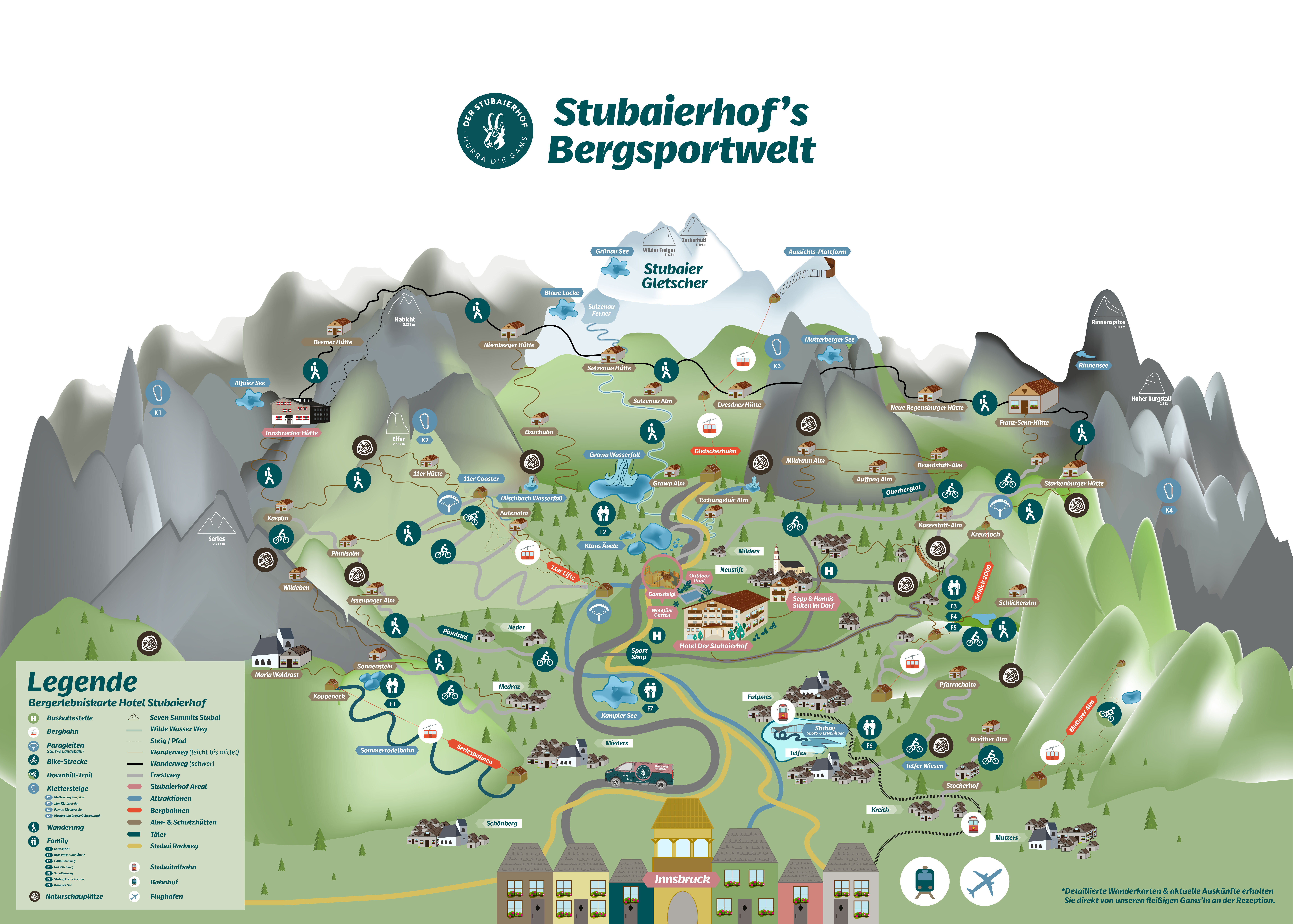 Illustrierte Sommer-Bergerlebniskarte mit Wanderwegen, Sehenswürdigkeiten und Orten