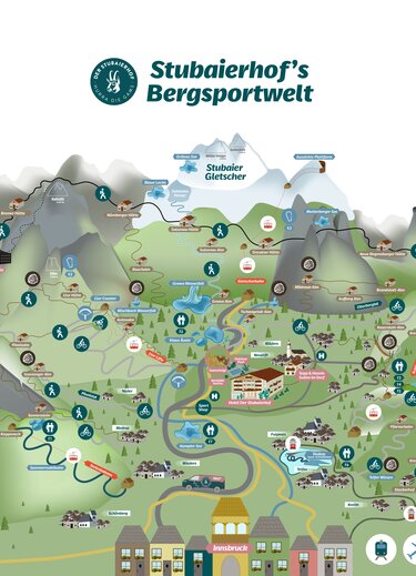 Illustrierte Sommer-Bergerlebniskarte mit Wanderwegen, Sehenswürdigkeiten und Orten