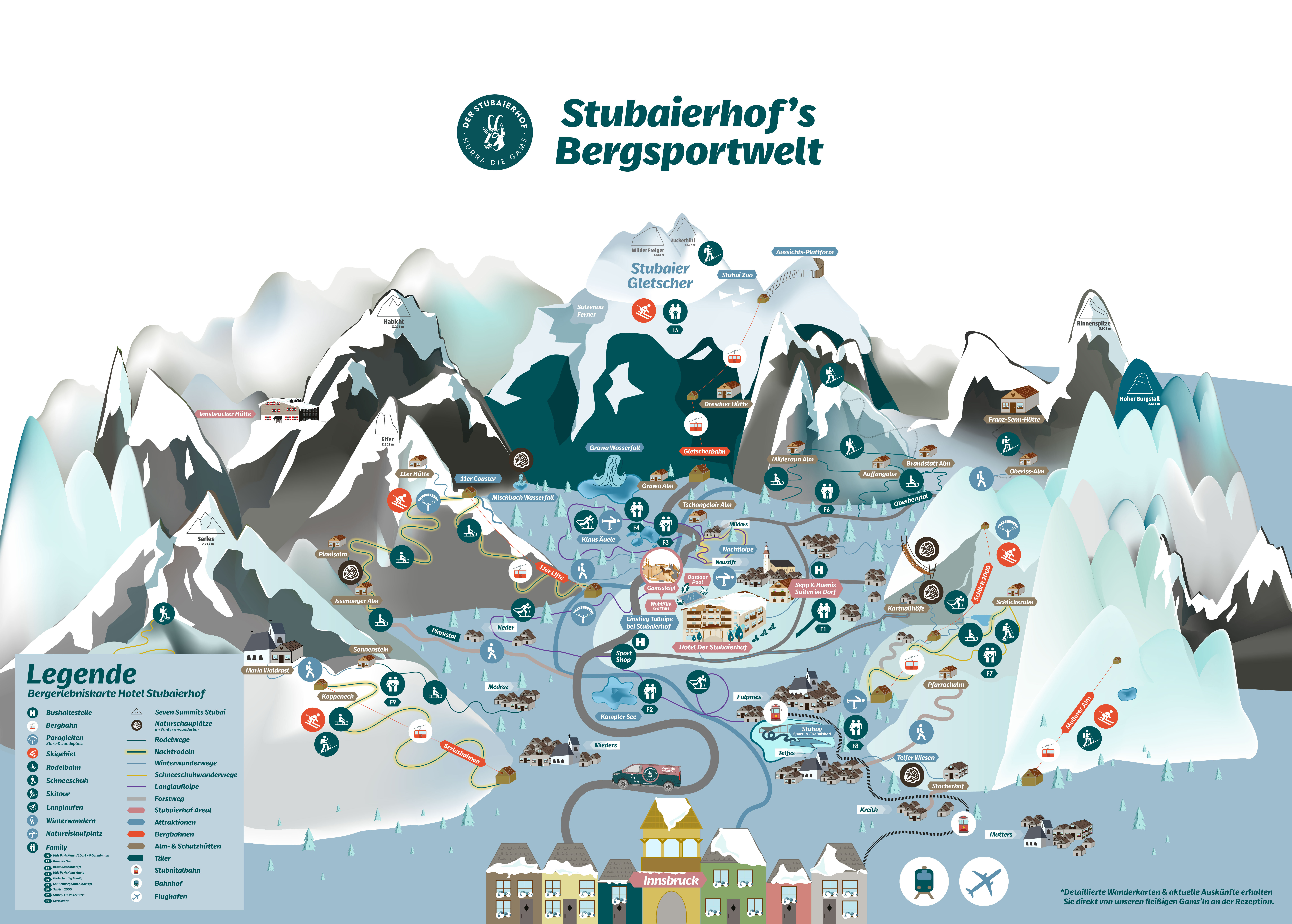Winterliche Bergerlebniskarte mit Skigebieten, Innsbruck und dem Stubaier Gletscher als Illustration