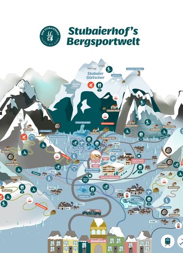 Winterliche Bergerlebniskarte mit Skigebieten, Innsbruck und dem Stubaier Gletscher als Illustration